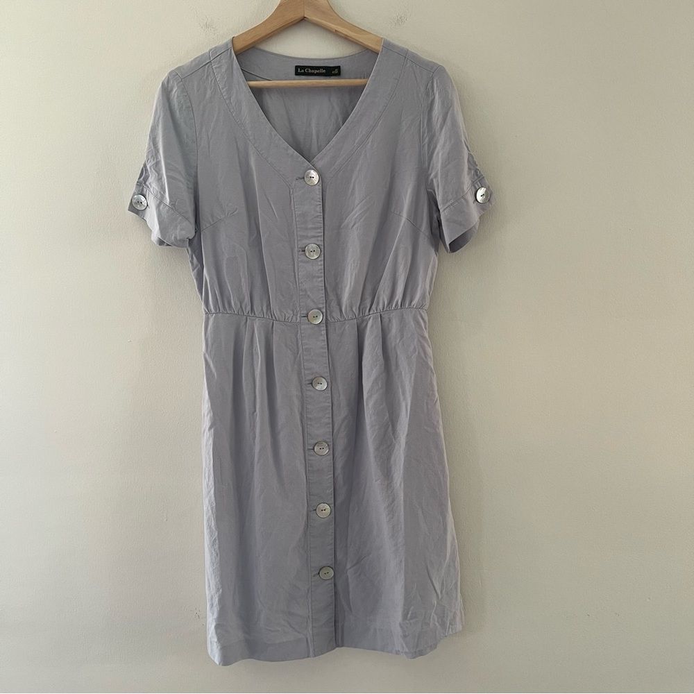 La Chapelle Dress Button Front Blue Button Front Short Sleeve Abalone Size Small